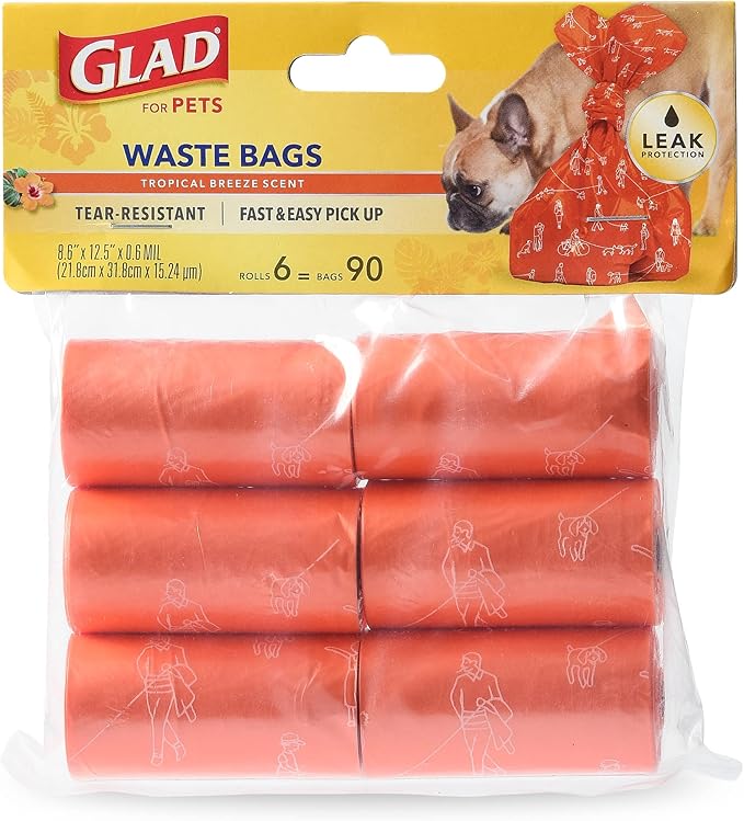 Glad for Pets Large Dog Waste Bags, Scented, Tear-Resistant, 6 Rolls | Heavy Duty Poop Bags for Fast and Easy Waste Cleanup | 6 Rolls, 90 Bags Total (Pack of 2)