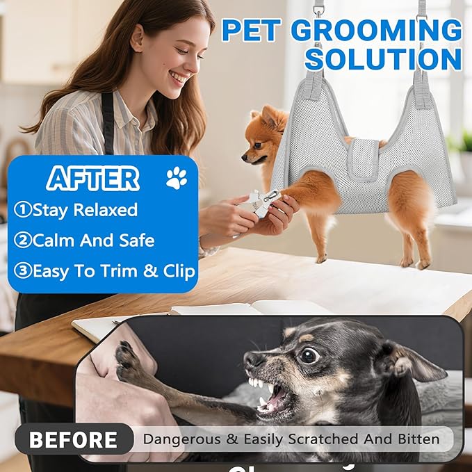Supet Dog Grooming Hammock for Medium Dogs, Dog Hanging Harness for Nail Trimming Doorframe, Pet Holder Restraint for Clipping Nails (Grey M)