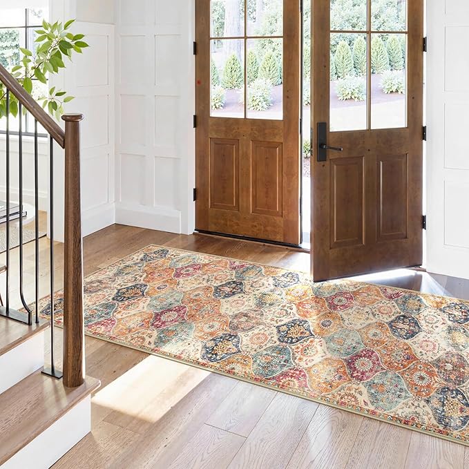 Lahome Moroccan Trellis Washable Runner Rug, 2x6 Kitchen Runners for Hallways 6 Feet Non Slip, Vintage Laundry Room Rug Ultra-Thin Carpet for Bathroom Bedroom Entryway Elise, Cream/Multi