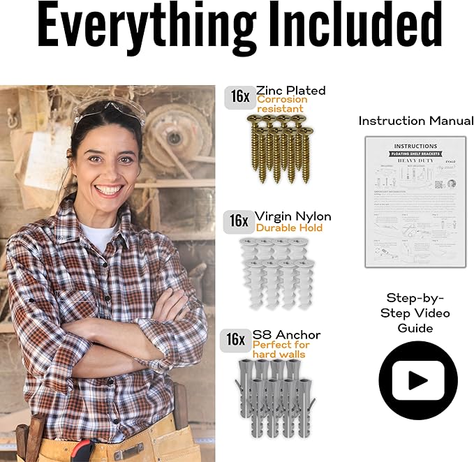 EVALD Heavy Duty Floating Shelf Bracket | 4-Inch Floating Mantel Mount, Blind Shelf Supports, and Anchors | Floating Shelf Hardware for Home and Office Decor | Fireplace Mantel Brackets (4 Pack)