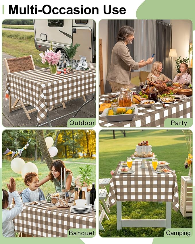 Smiry 20 Packs Gingham Disposable Table Cloth, 54 x 108 Inch Waterproof Plastic Tablecloth, Rectangle Brown and White Checkered Table Covers for Picnic, Birthday, Party