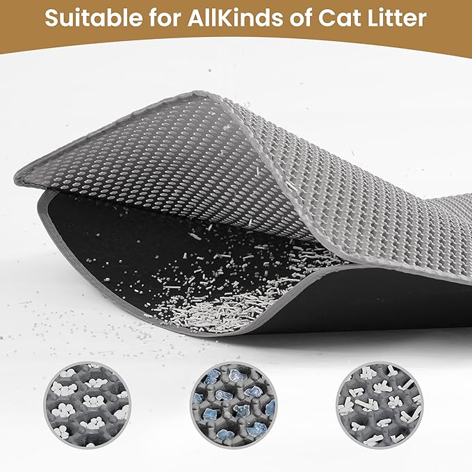 Cat Litter Mat 24x18 Inches, Honeycomb Double Layer Traps Litter & Waterproof Leatherette Bottom Prevents Urine Leaks, Durable & Easy Clean Pet Floor Protector for Cat Litter Box Area（Grey）
