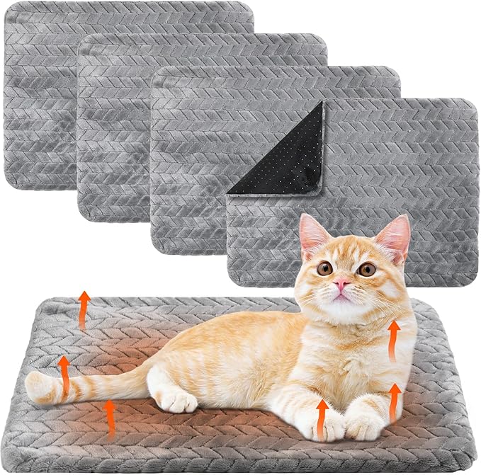 Drydiet 4 Pack Self Heating Cat Pad 16 x 20 Inch Self Warming Cat Bed Non Slip Warm Dog Pad Mat Washable Pet Kennel Crate Bed Mat for Indoor Outdoor Pets(Gray,16 x 20 Inch)