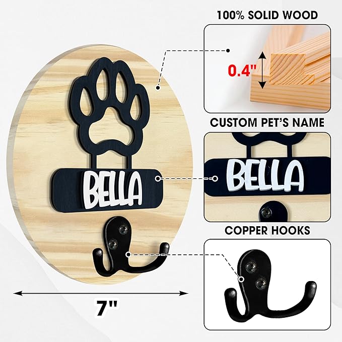 VINARTSVN Dog Leash Holder Wall Mount, Personalized Pet Harness Hanger Paw Print Hook, Hook for Dog, Cat, Key Rack Wall Organizer, Cat Collar Organizer for Entryway, Memorial Gifts for Pet Lover