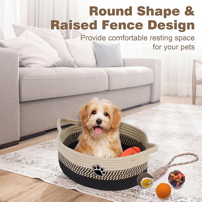 Dog Toy Easter Basket, Toy Box and Bin for Dog Cat Storage, 13.5" X 11" X 5" Small Woven Rope Basket for Baby Storage, Closet, Living Room, Brown & Black