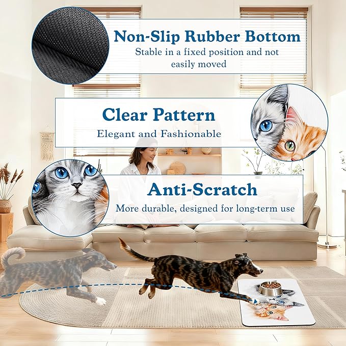 Cute Cats Pet Food Mat for Cats and Dogs–Absorbent Quick Dry Feeding Placemat, Non Slip Rubber Base, Waterproof Bowl Mat for Indoor Use, Pet Supplies 12"x20"