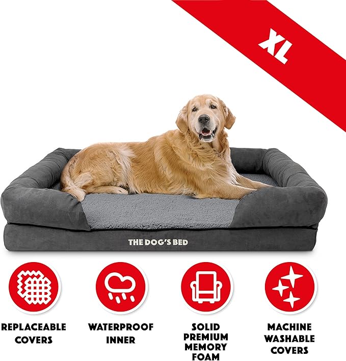 The Dog’s Bed, XL Grey Plush, Solid Memory Foam, Pain Relief: Arthritis, Hip & Elbow Dysplasia, Post Surgery, Lameness, Supportive, Calming, Waterproof Washable Cover