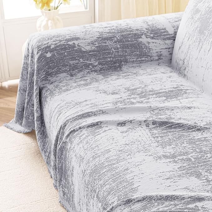 hyha Couch Cover for Dogs, Boho Sofa Covers for 3 Cushion Couch Washable, Chenille Sofa Slipcover for Pets, Soft Loveseat Sectional Couch Throw Blankets with Tassels (Grey/White, 88.5x150 Inch)