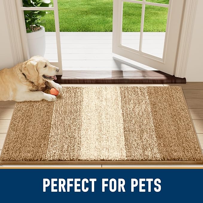 Smiry Dog Door Mat for Muddy Paws, Absorbs Moisture and Dirt, Low-Profile Entryway Mat with Non-Slip Backing, Entry Indoor Outdoor Doormat for Inside Floor (30x17 Inches, Camel, Striped)