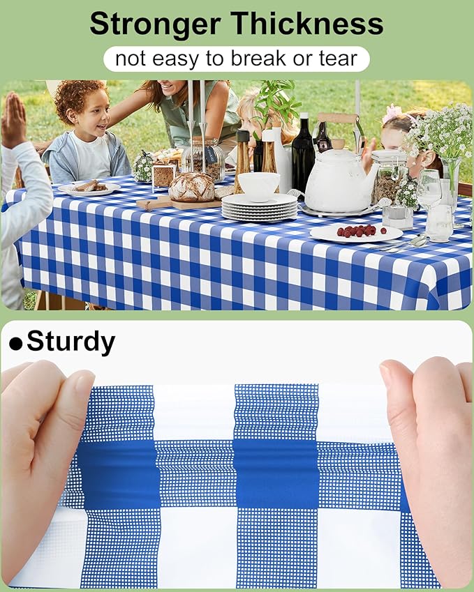 Smiry 8 Packs Gingham Disposable Table Cloth, 54 x 108 Inch Waterproof Plastic Tablecloth, Rectangle Blue and White Checkered Table Covers for Picnic, Birthday, Party