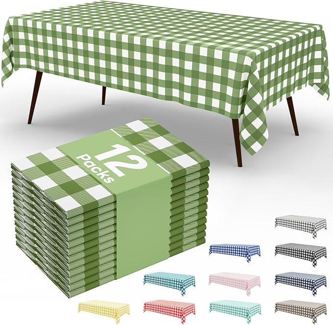Smiry 12 Packs Gingham Disposable Table Cloth, 54 x 108 Inch Waterproof Plastic Tablecloth, Rectangle Sage Green and White Checkered Table Covers for Picnic, Birthday, Party