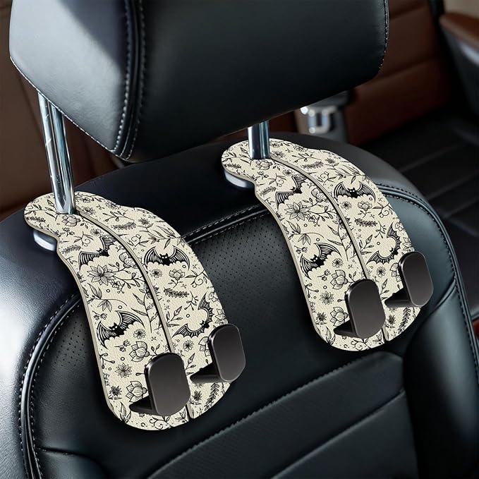 Blusabaca 2PCS Car Hooks for Purses and Bags, Goth Gothic Seat Back Storage Headrest Holder Hanger PU Leather Double Metal Hook for Backseat Organizer, Women Car Accessories Organization