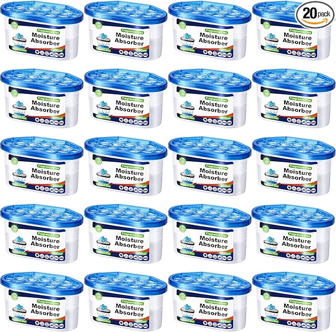CHMI Moisture Absorbers 20 Pack， Attract and Trap Excess Moisture from Your Bathroom, Kitchen，Closet, Eliminate Musty Odors，Odor Eliminator with Fragrance Free, 6.4oz, 300ml.