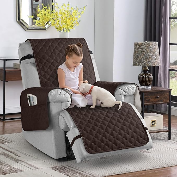 TAOCOCO 100% Waterproof Recliner Chair Cover Non-Slip Reclining Cover for Recliner Chair Washable Chair Seat Cover with Elastic Straps for Pets Sofa Slipcover with Pocket (Oversized 28'', Chocolate)