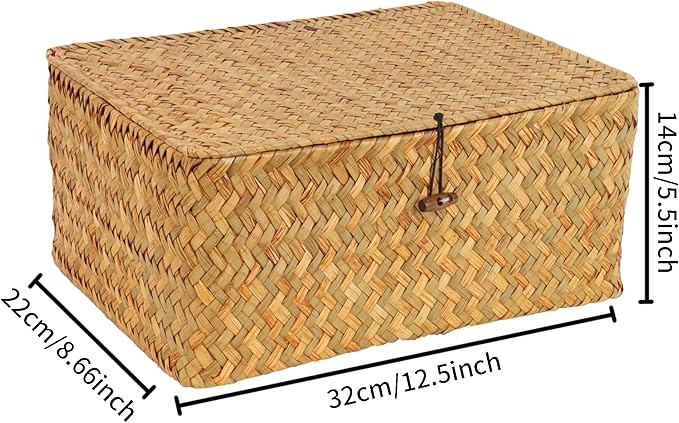 FEIALNDUO Wicker Shelf Baskets with Lid,Seagrass Storage Basket Bins Rectangular Handwoven Basket Boxes for Shelves Desktop Home Organizer (Natural, Large)