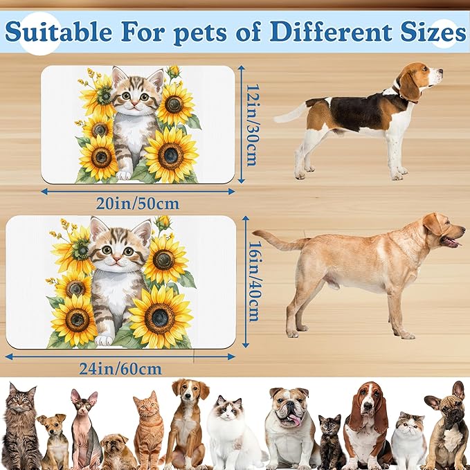 Cute Cat Sunflower Pet Feeding Mat for Floors–Christmas Stocking Absorbent Quick Dry Dog Cat Bowl Mat for Food and Water, Non Slip Waterproof Base, Mess-Free Feeding Accessories 16"x24"