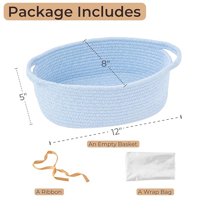 Small Woven Gift Basket Empty with Bag & Ribbon - Gifts for Mom, Baby Shower, Birthdays & Raffle - Cotton Rope Storage Basket for Dog Toys or Shelf - 12"x8"x5", Blue