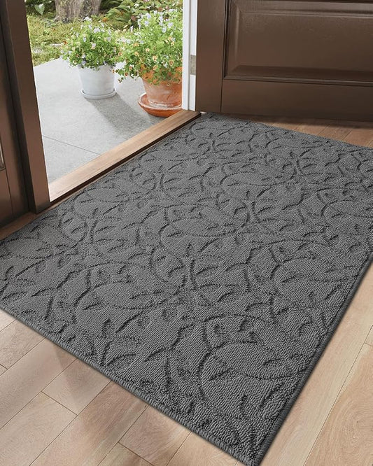 DEXI Front Door Mat Inside Entrance 32x48, Non Slip Dirt Trapper Doormat, Low Profile Thin Entry Mat, Absorbent Easy Clean Welcome Mats for Entryway, Patio, Branch Leaf Grey
