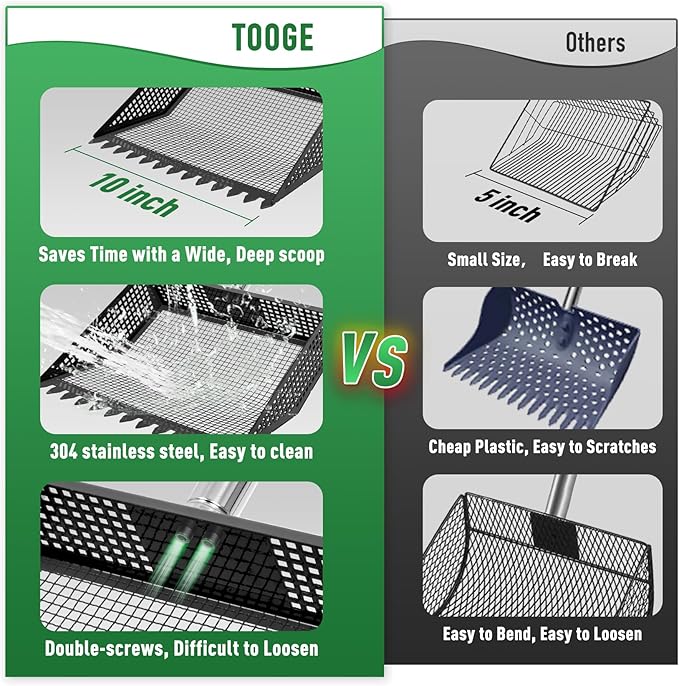 TOOGE Large Chicken Poop Scooper: 2-in-1 Metal Pooper Scooper & Rake Adjustable 62" Long Handle Stainless Steel Sand Sifting Litter Shovel Chicken Coop Scoop Cleaning for Bedding Goats Bright Black
