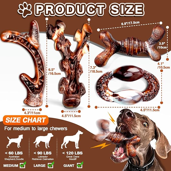 4-Pack Dog Chew Toys for Aggressive Chewers, Long Lasting Heavy Duty Chewing, Boredom and Stimulation for Medium Breeds, Tough Almost Indestructible Dog Bones Teeth Cleaning Toy