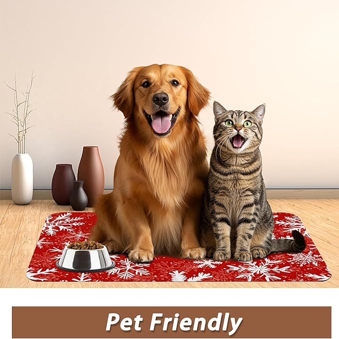 Christmas Dog Food Mat for Floors,Snowflake Absorbent Pet Food and Water Bowl Mats,Non-Slip Pet Feeding Mat,Pet Supplies 16" x 24"