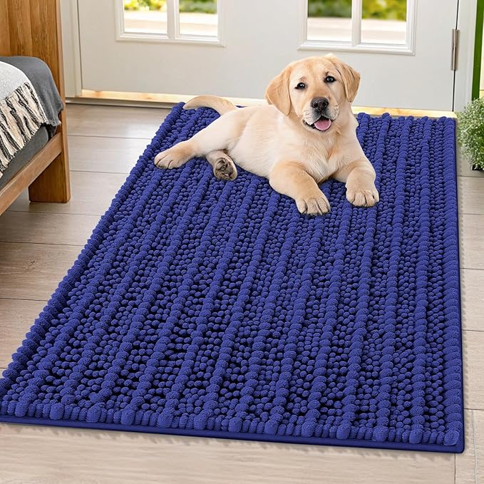 Smiry Dog Door Mat for Muddy Paws 40x32, Extra Soft Absorbent Chenille Doormat, Trap Moisture and Dirt, Non-Slip Machine Washable Front Door Mat for Indoor Entrance Inside Floor, Navy Blue