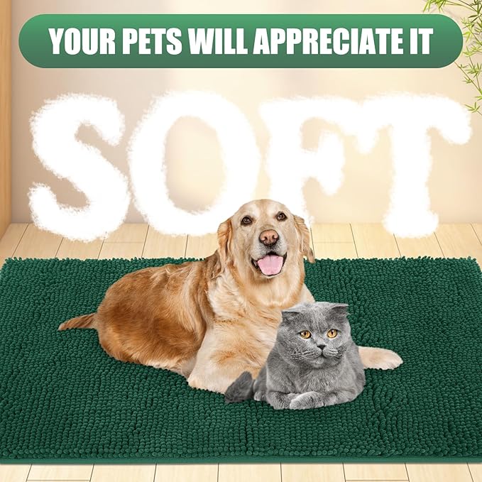IM HOME Chenille Absorbent Outdoor Doormat 30" x 20", Washable Muddy Door Mats for Dog Non Slip Indoor Doormat Dog Mat for Muddy Paw Front Inside Doormats for Entryway Green
