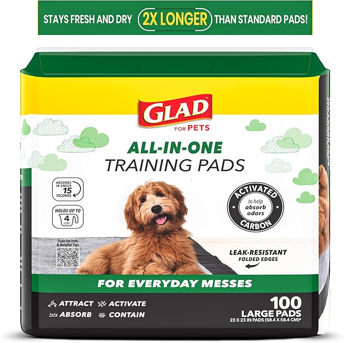 Glad for Pets Black Charcoal Puppy Pads - 6-Layer Leak-Proof Construction, Activated Carbon Odor Control, Pheromone Attractant - Disposable Dog Pee Pads for Potty Training, 23 x 23 in, 100 Count