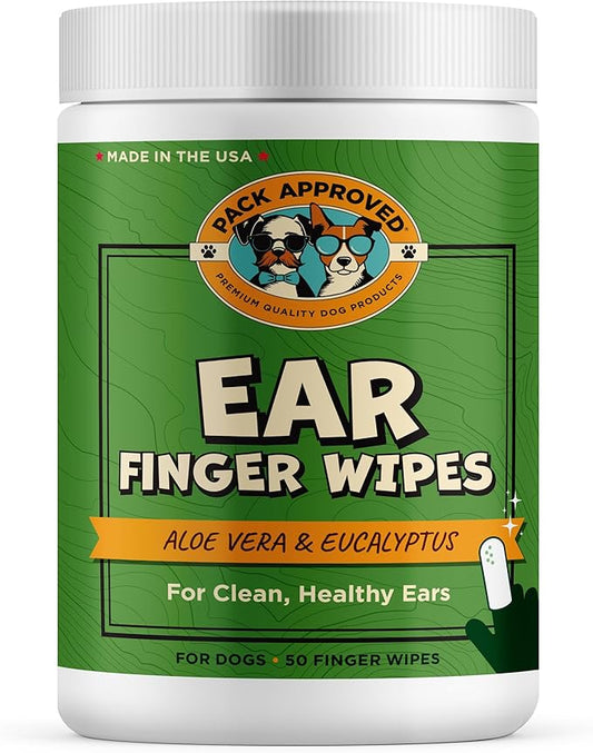 Finger Ear Wipes for Dogs with Aloe Vera and Eucalyptus - Convenient, Extra-Coverage, and Large Design Dog Ear Cleaning Wipes - Removes Wax and Freshens Ears - 50 Wipes