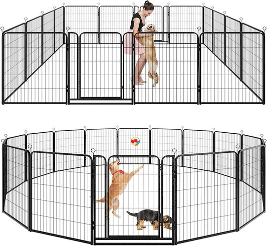 Dog Playpen Outdoor Extra Wide 16 Piece Panels Heavy Duty Dog Fence 40" Height Anti-Rust with Doors Portable for RV Camping Yard, Total 42FT, 140 Sq.ft, Snowy Black
