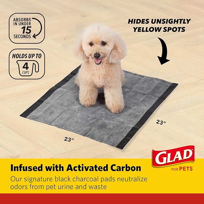 Glad for Pets Black Charcoal Puppy Pads, 23 x 23 Inch, 6-Layer Leak-Resistant Design, Activated Carbon Odor Control, Pheromone Attractant for Potty Training, 30 Count - 6 Pack