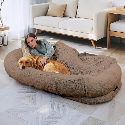 Human Dog Bed - Extra Large Dog Bed for Humans,71''x45''x12'' 、 Giant Cuddle Pillow Pet Lounger, Super Soft Plush Orthopedic Floor Cushion for Adults, Kids, Pets - Washable Cover, Khaki.