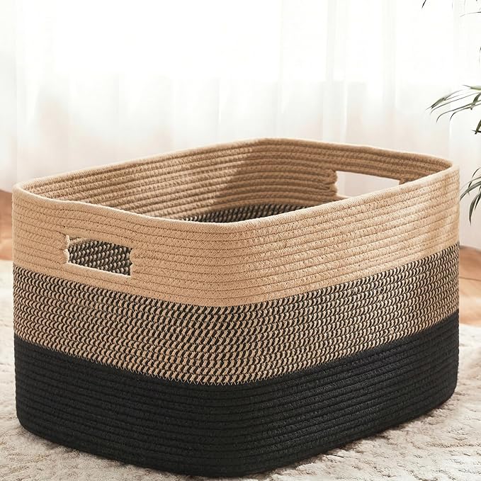 Blanket Basket,Rectangle Woven Baskets for Storage,30L Laundry Basket for Decorative Nursery Blanket,Toys,Dirty Clothes and Magazine in Shelves,Baby Room,and Living Room