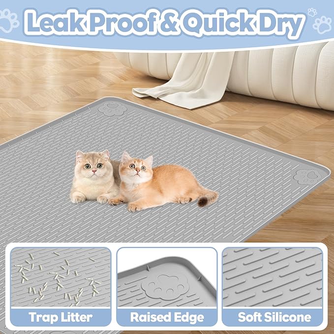 Bartuke Cat Litter Mat, Extra Large 34" x 22" Silicone Mat Litter Trapping Mat for Scatter Control, Soft on Kitty Paws, Easy to Clean (Light Grey)