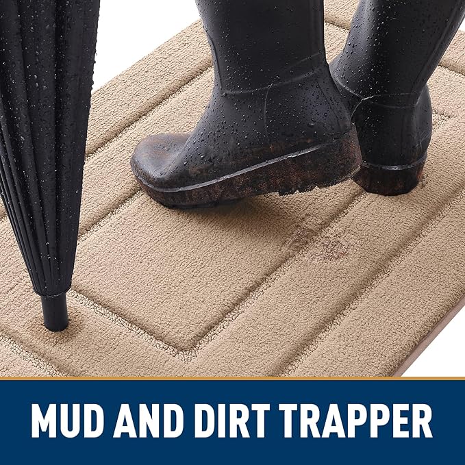 Smiry Dog Door Mat for Muddy Paws, Absorbs Moisture and Dirt, Low-Profile Entryway Mat with Non-Slip Backing, Entry Indoor Outdoor Doormat for Inside Floor (24x16 Inches, Beige, Bordered)