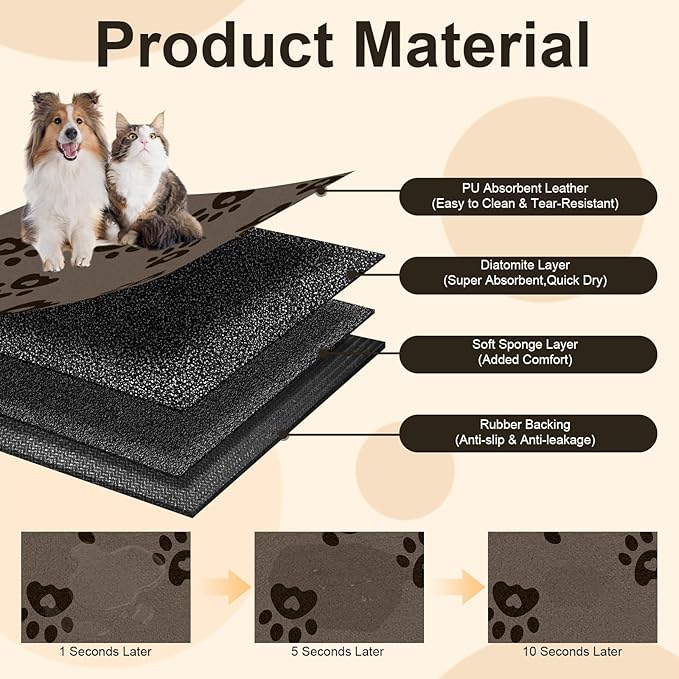 BLESWIN Pet Feeding Mats 12"x20", Water Absorbing Mat for Dog Bowl, Water Bowl Mat for Dogs Waterproof, Non Slip Mat for Dogs, Dog Water Bowl Mat for Messy Drinkers, Cat Mat for Food and Water, Brown