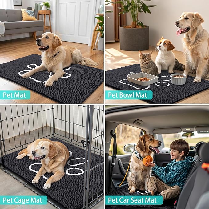 Smiry Dog Door Mat for Muddy Paws, Absorbent Dirt Trapper Non Slip Quick Dry Washable Chenille Mat for Mud Dogs, Entry Rug for Indoor and Outdoor (30x20 Inches, Black and White)