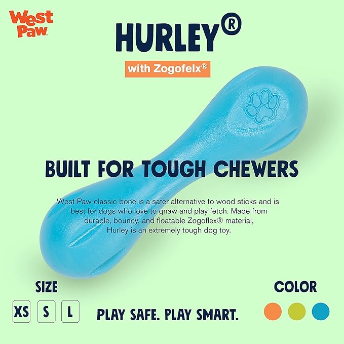 WEST PAW Zogoflex Hurley Dog Bone Chew Toy – Floatable Pet Toys for Aggressive Chewers, Catch, Fetch – Bright-Colored Bones for Dogs – Recyclable, Dishwasher-Safe, Non-Toxic, Small, Aqua