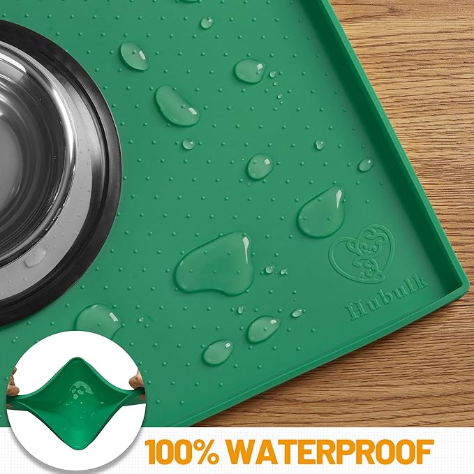 Hubulk Dog Feeding Mat,100% Waterproof Food Grade Silicone Pet Food and Water Bowl Placemat,Dishwasher, High Raised Edge to Prevent Spills,Nonslip Tray to Stop Messes on Floor（24"x16"x0.5",Hunter ）