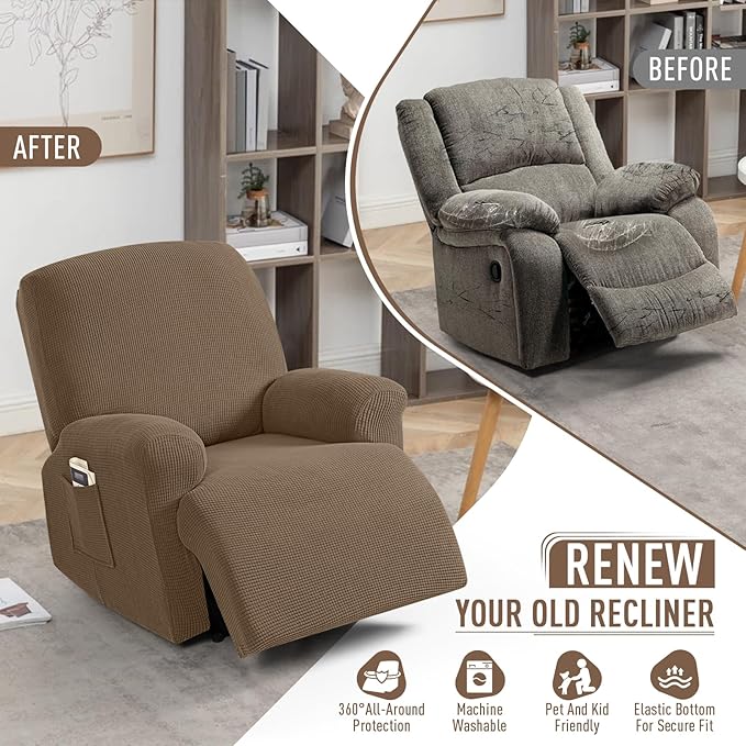 TAOCOCO Recliner Cover 4-Pieces, Recliner Stretch Sofa Slipcover, Recliner Cover 1 Seat, Couch Protector Soft, Furniture Protector Covers with Elastic,Chair Covers Jacquard Pattern (Khaki)