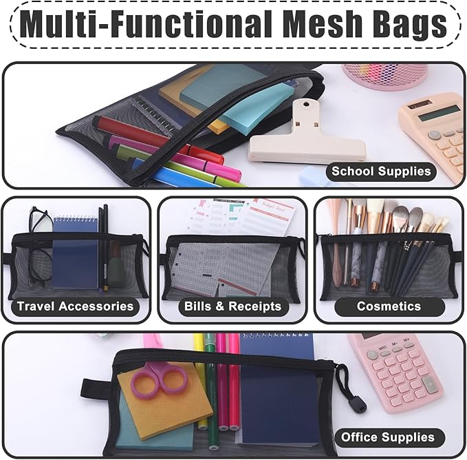 Leelosp 80 Pcs Mesh Zipper Pouch Bulk Back to School Pencil Storage Pouch Mesh Cosmetics Bags Toiletry Makeup Bags for Office Travel Organization(Black,9 x 4.7 Inch)