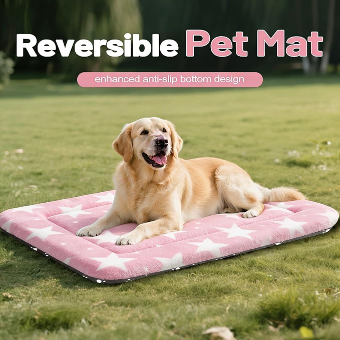 Fogkiss Dog Bed Mat, Reversible Crate Pad & Durable Dog Bed - Machine Washable Kennel Mat with Ultra Soft for Large Dogs (Big&Small Stars Pink, 35" L*23" W*1.5" Th)