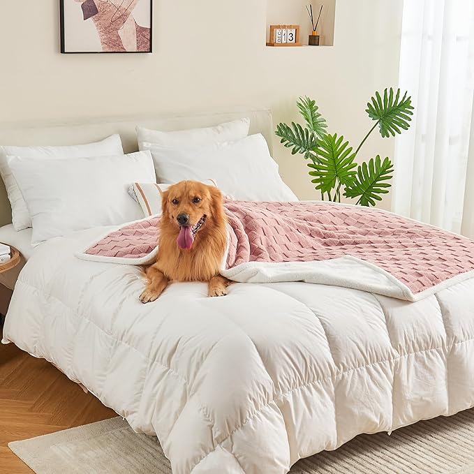 Yaning Checkered Waterproof Blanket for Bed Couch Sofa Car, Fluffy Soft Dog Blanket with 3D Jacquard Grid Pattern, Reversible Leakproof Pet Blankets for Dogs Cats Puppies, Dusty Pink, 60"x80"