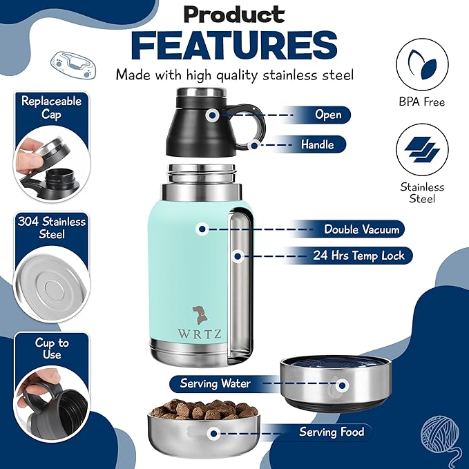 Stainless Steel Insulated Water Bottle with 2 Removable Water Bowls for Dogs – Leak-Proof Portable Dog Water Bottle - Travel Accessories for Dogs - 32oz - Teal