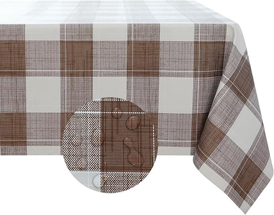 Romanstile Rectangle Plastic Tablecloth, 100% Waterproof Oil-Proof Checkered PVC Table Cloth, Heavy Duty Vinyl Table Cover for Dining, Camping, Picnic, Outdoor - 54 x 120 Inch, Brown Checkered