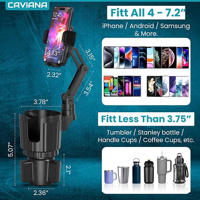 Phone Holder & Phone Mount for Car & Cup Holder Expander – 2-in-1 for Smartphones, Bottles, Tumblers & Coffee Mugs – Strong Clamp, Anti-Shake, 360° Rotation