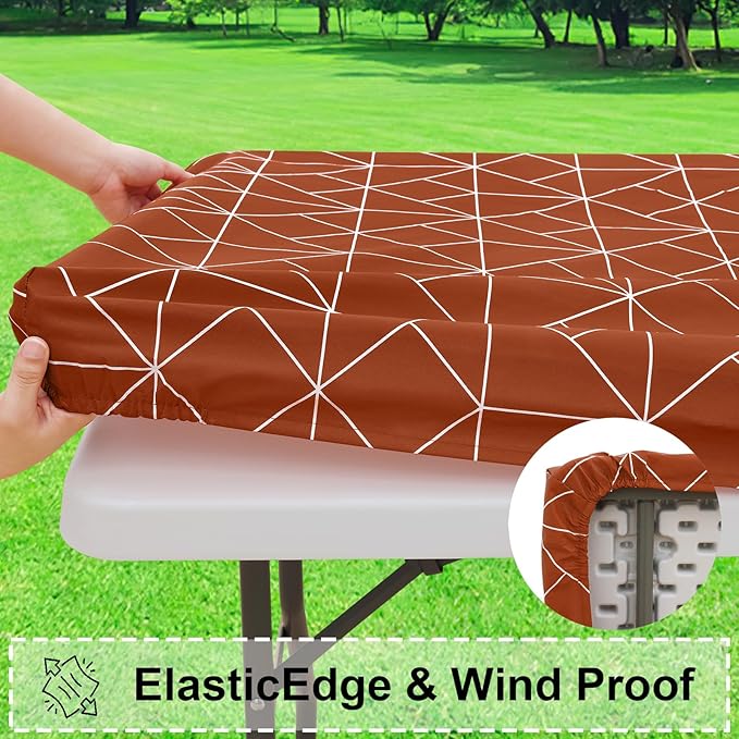 misaya Rectangle Vinyl Tablecloth, 8 Foot Elastic Fitted Table Cover with Flannel Backing, 100% Waterproof Plastic Table Cloth for Picnic, Camping, Outdoor (Rust, 30x96 inch)