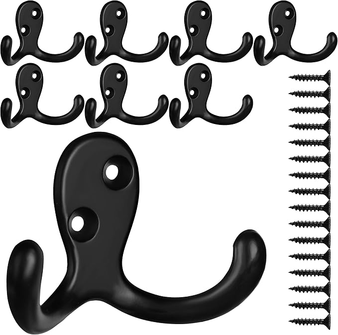 IBosins 8 Pack Heavy Duty Double Prong Coat Hooks Wall Mounted with 16 Screws Retro Double Hooks Utility Hooks for Coat, Scarf, Bag, Towel, Key, Cap, Cup, Hat