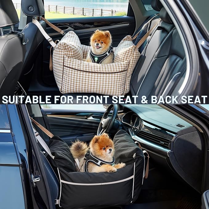 ZOMISIA Dog Car Seat for Small Dogs - Waterproof Pet Booster Seat for Car with Clip-On Safety Leash, Soft Travel Carrier for Puppy up to 25 lbs, Memory Foam Filling & 2 Adjustable Buckles Houndstooth