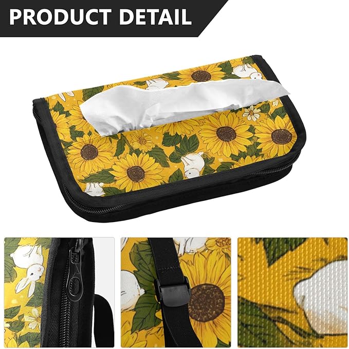 Car Tissue Holder Car Napkin Holder Car Tissue Box Dispenser Storage Case Sun Visor Mask Holder with Adjustable Straps Reusable Refillable Autumn Sunflower and Cute Rabbit
